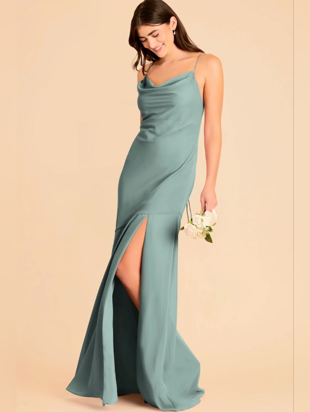 Birdy Grey Olivia Cowl Neck Slip Gown in Seaglass Green Elegant Bridesmaid M